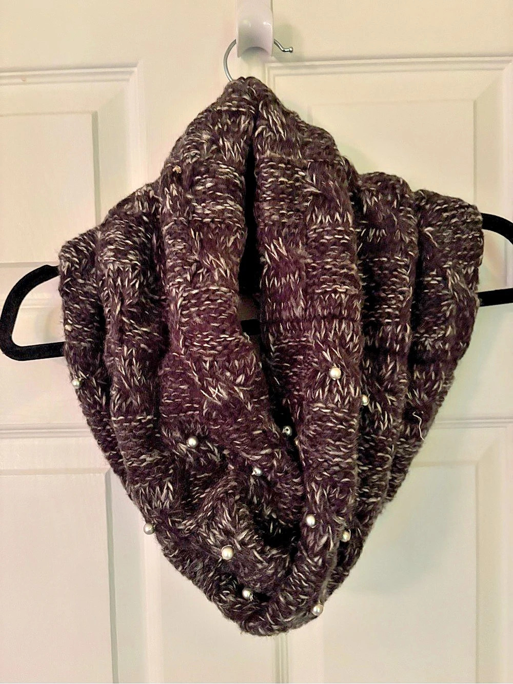 Betsey Johnson Pearl Embellished Knit Infinity Scarf Black & Gray Infinity Scarf